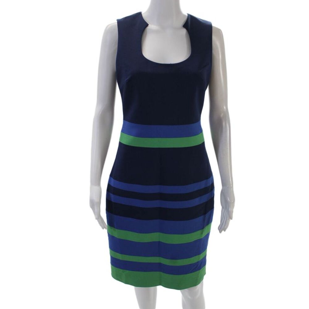 Belle Badgley Mischka Womens Striped Sleeveless Sheath Dress Navy Blue Size 4 - Picture 1 of 5